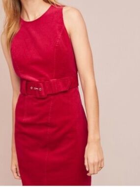 Adria Moss Anthropologie Sleeveless Magenta Pink Red Belted Sheath Dress